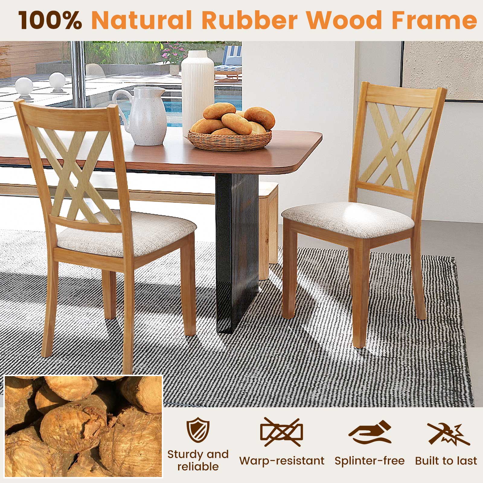 Linen Fabric Upholstered Wooden Dining Chair Set of 2 with Rubber Wood Frame for Dining Room