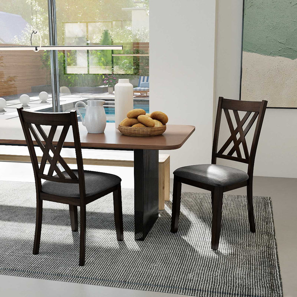 Linen Fabric Upholstered Wooden Dining Chair Set of 2 with Rubber Wood Frame for Dining Room