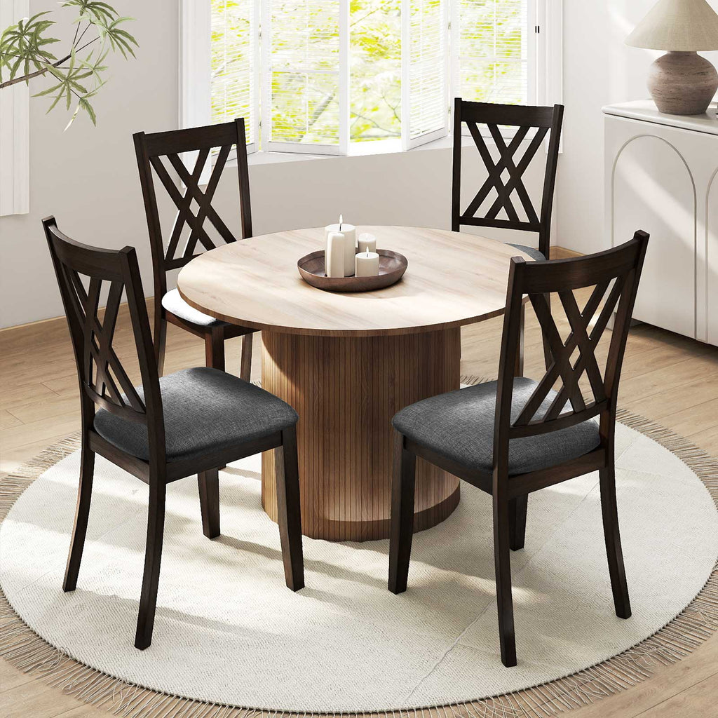 Linen Fabric Upholstered Wooden Dining Chair Set of 2 with Rubber Wood Frame for Dining Room