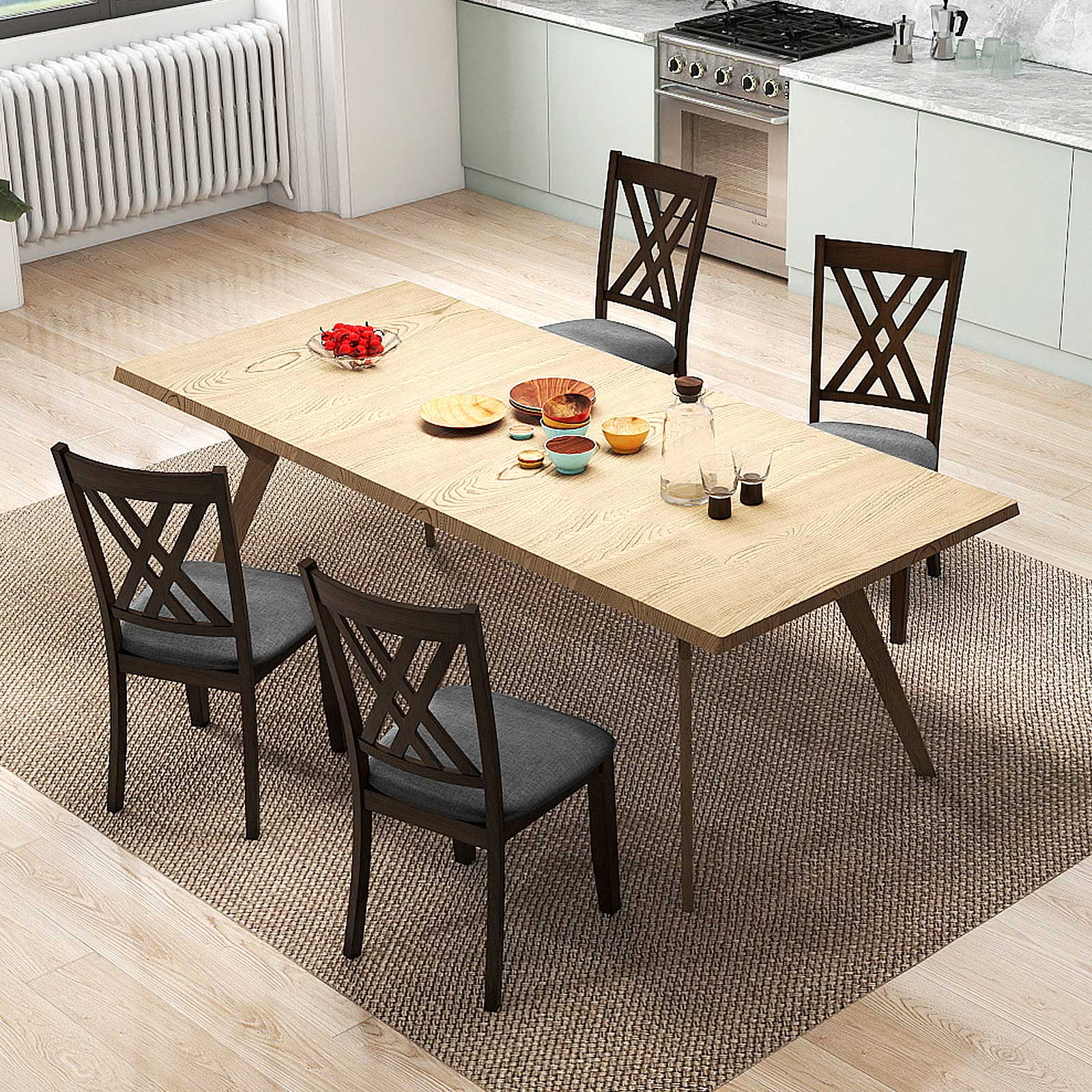Linen Fabric Upholstered Wooden Dining Chair Set of 2 with Rubber Wood Frame for Dining Room