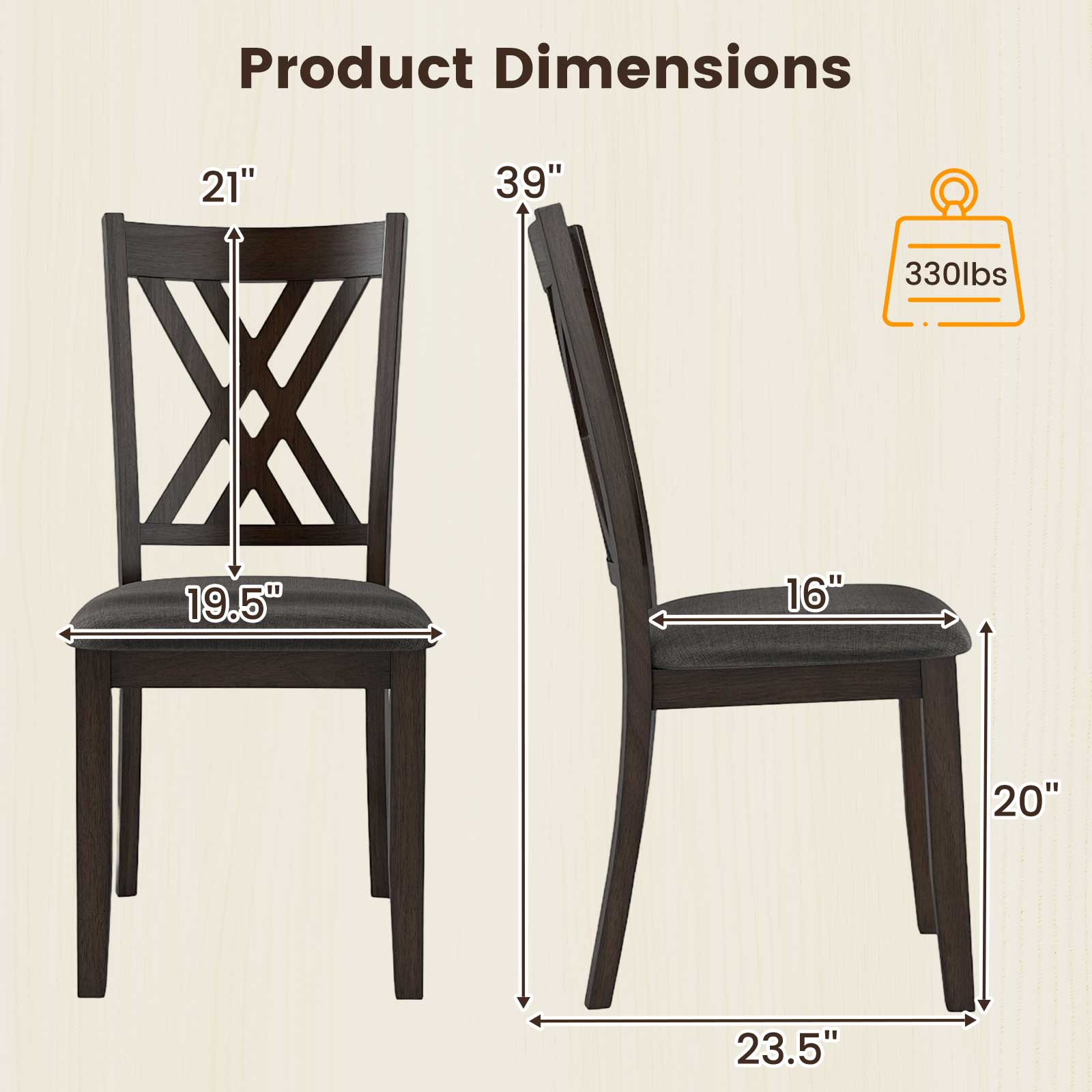 Linen Fabric Upholstered Wooden Dining Chair Set of 2 with Rubber Wood Frame for Dining Room
