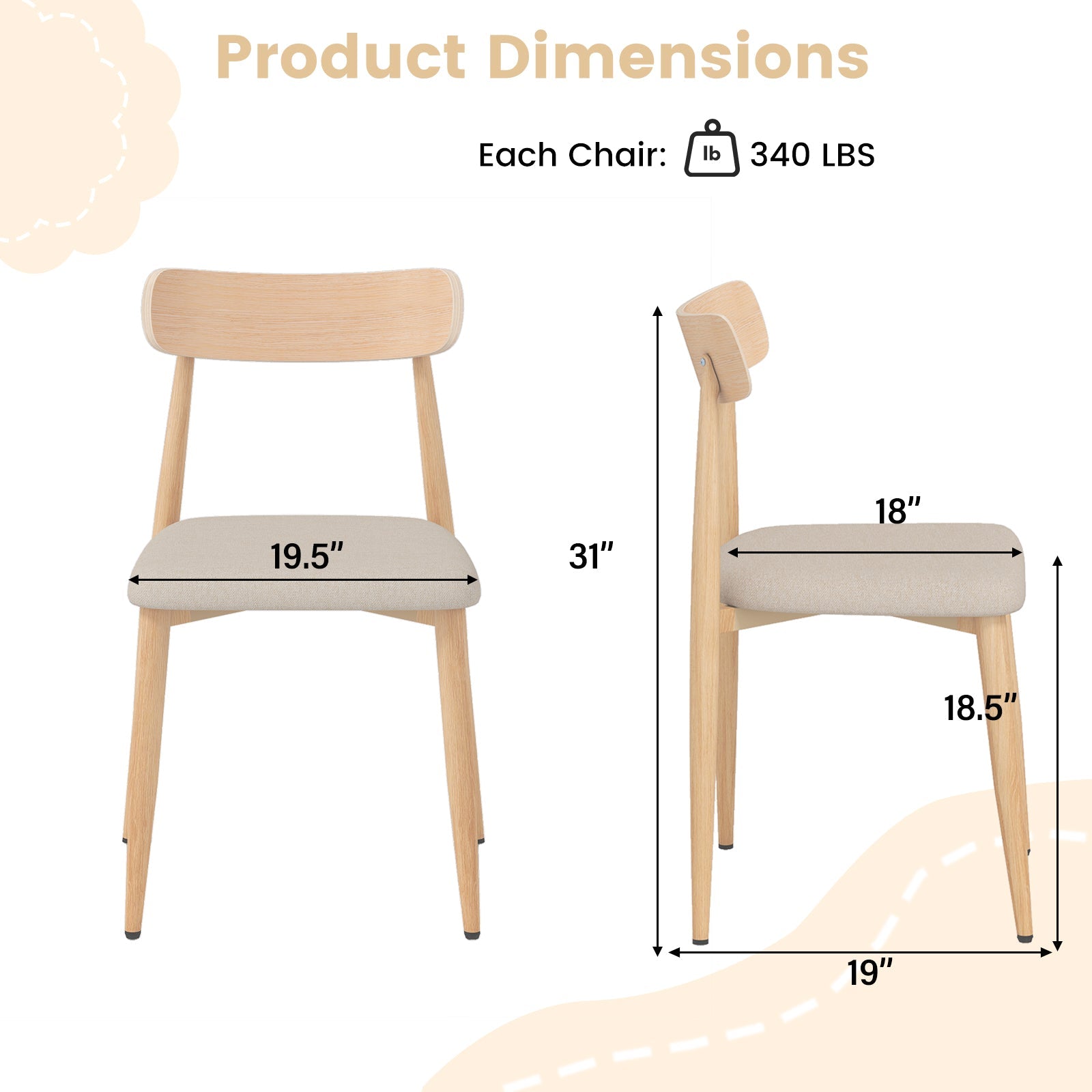 Linen Fabric Upholstered Modern Dining Chair Set of 2 with Padded Seat and Curved Back-Oak