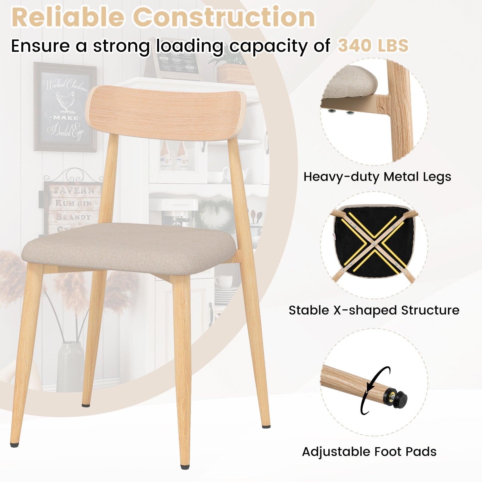 Linen Fabric Upholstered Modern Dining Chair Set of 2 with Padded Seat and Curved Back-Oak