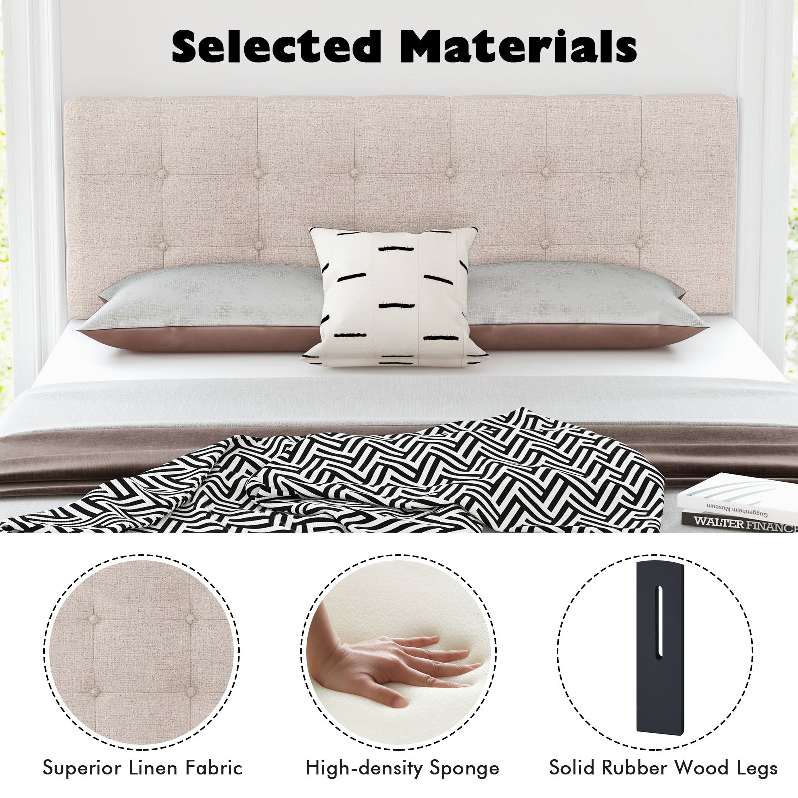 Linen Upholstered Headboard with Solid Rubber Wood Legs