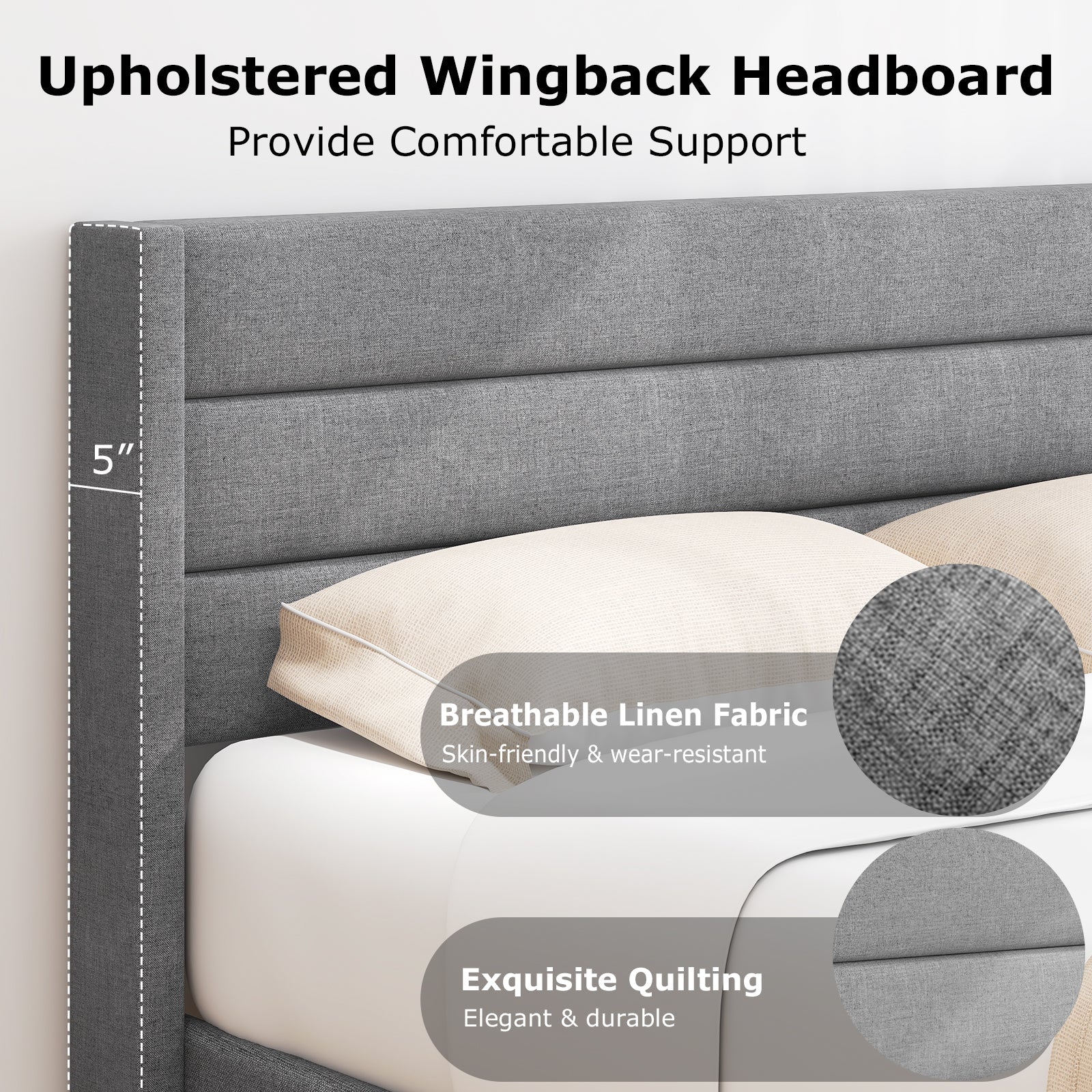 Linen Upholstered Platform Twin/Queen Bed Frame with Wingback Headboard