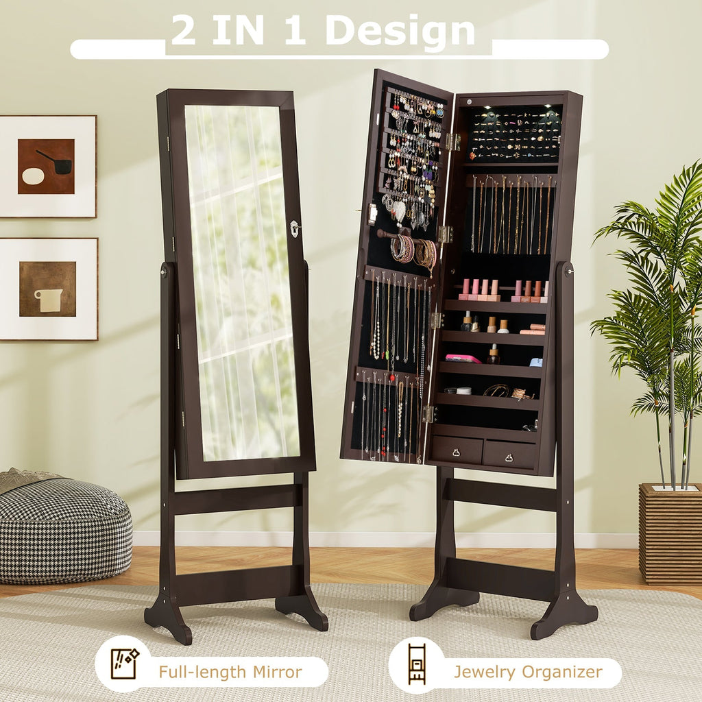 Lockable Mirrored Jewelry Cabinet with Stand and Led Lights-Brown
