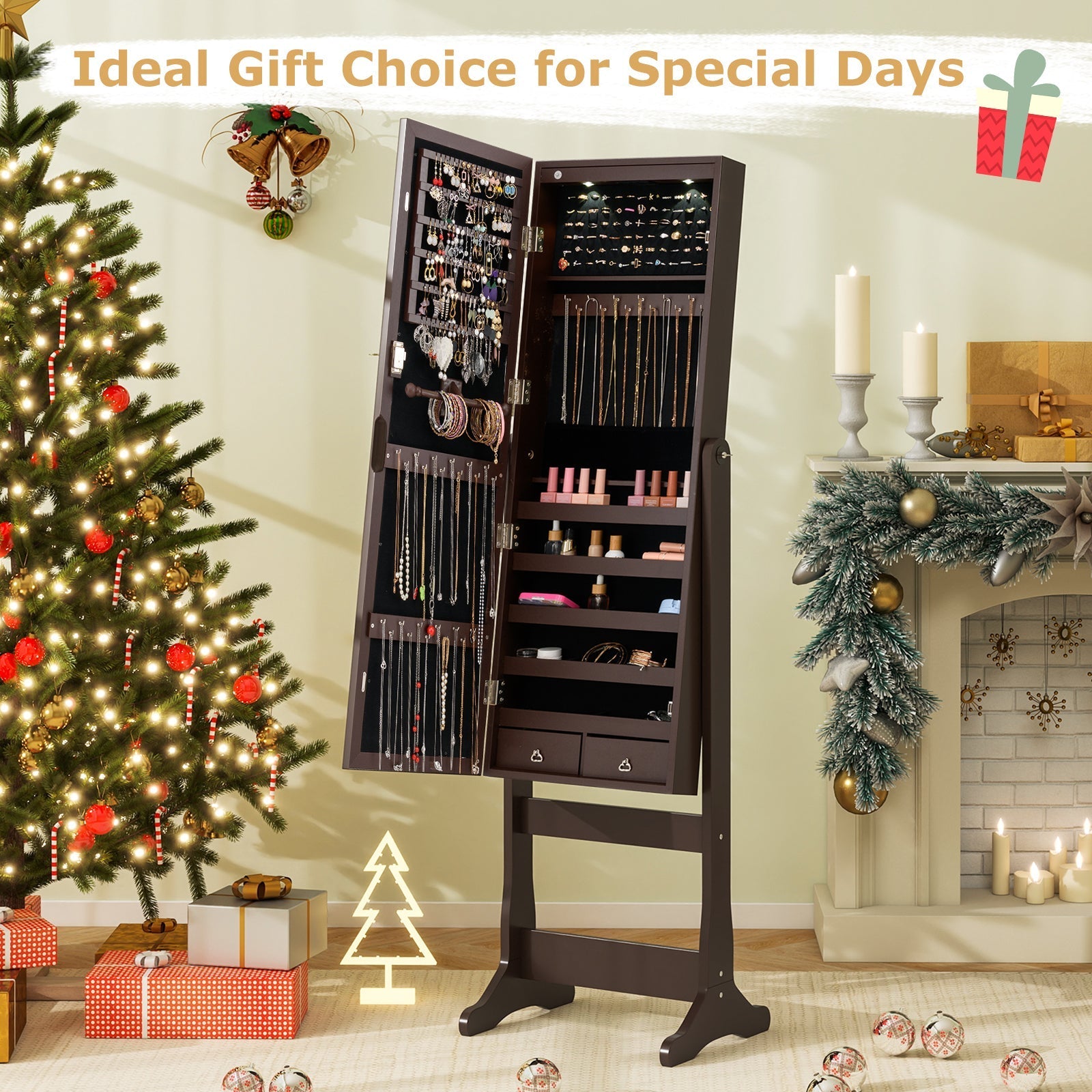 Lockable Mirrored Jewelry Cabinet with Stand and Led Lights-Brown