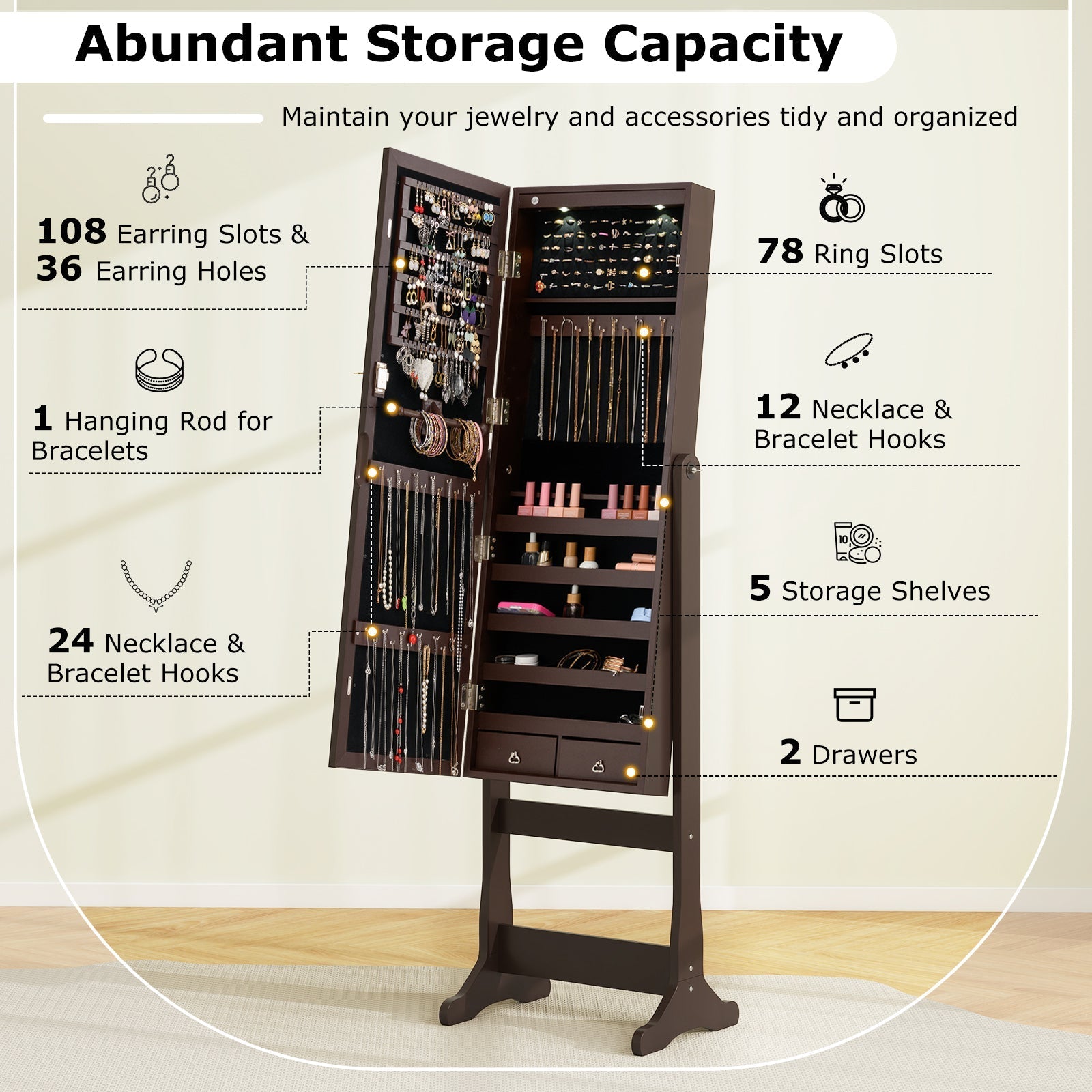 Lockable Mirrored Jewelry Cabinet with Stand and Led Lights-Brown
