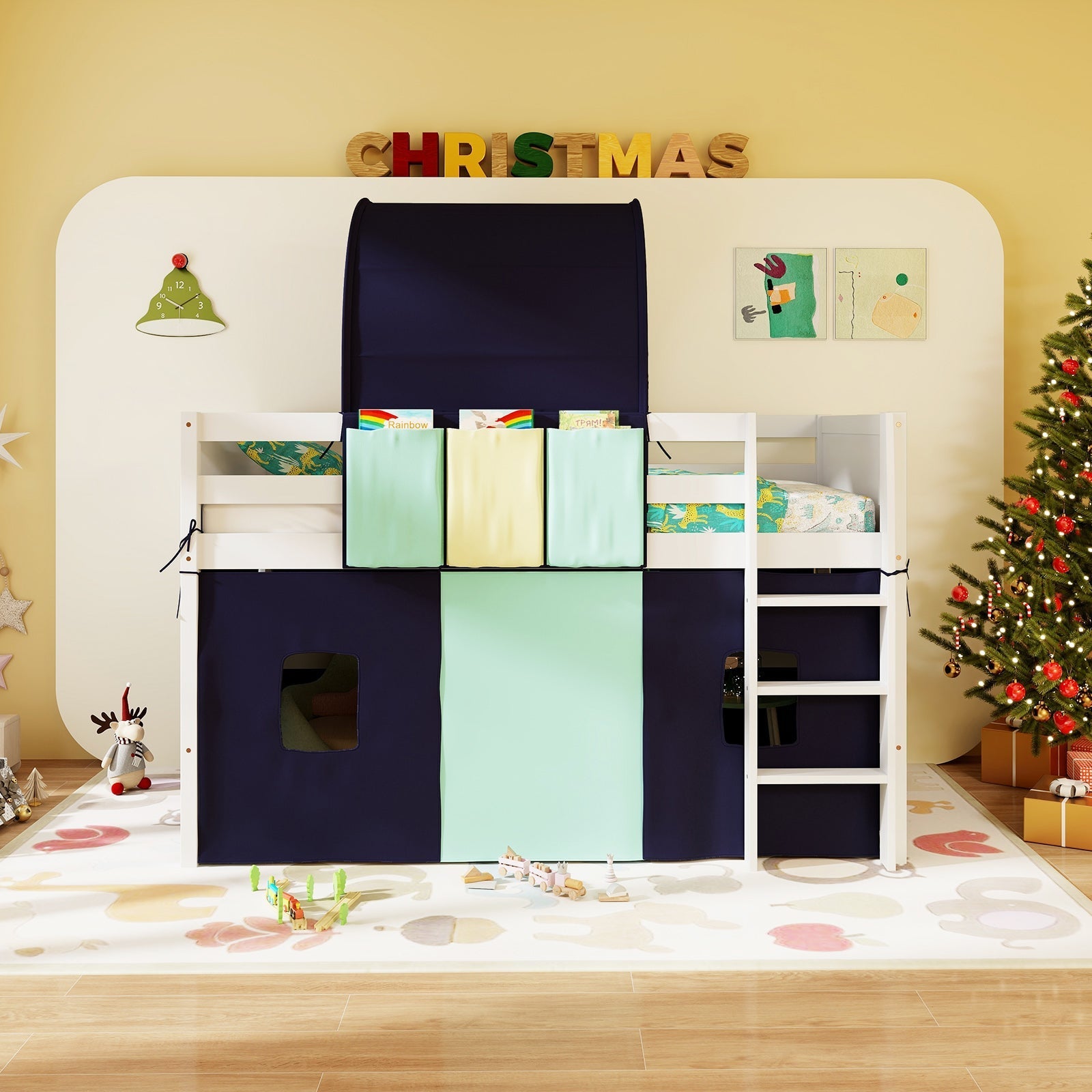 Twin Size Loft Bed Playhouse Bed Frame with Tower Tent and 3 Storage Pockets
