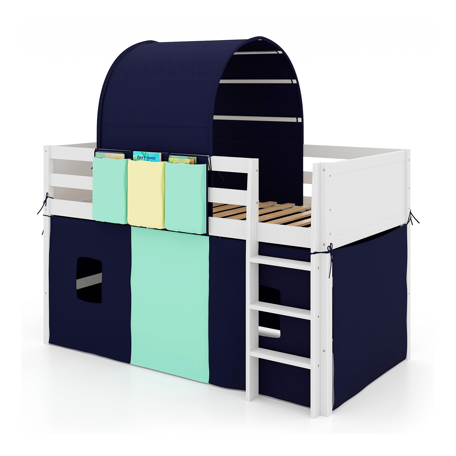 Twin Size Loft Bed Playhouse Bed Frame with Tower Tent and 3 Storage Pockets