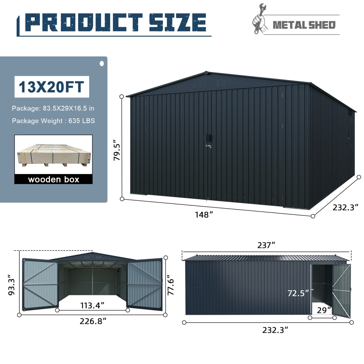 13'x20' Plus Upgraded Metal Shed w/ Double Front Doors & Side Entry Door