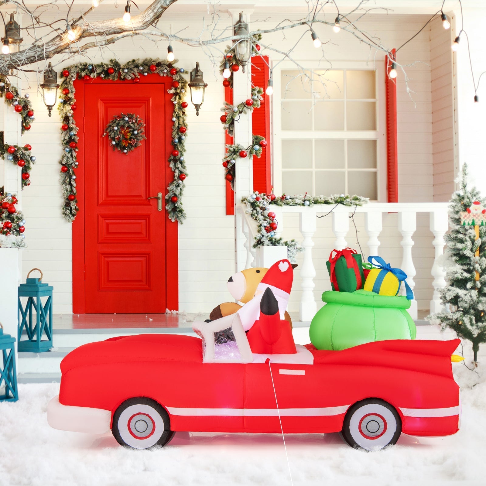 7.7 Feet Long Christmas Inflatable Santa Claus and Reindeer Riding Red Car with Gift Bag and 9 LED White Lights