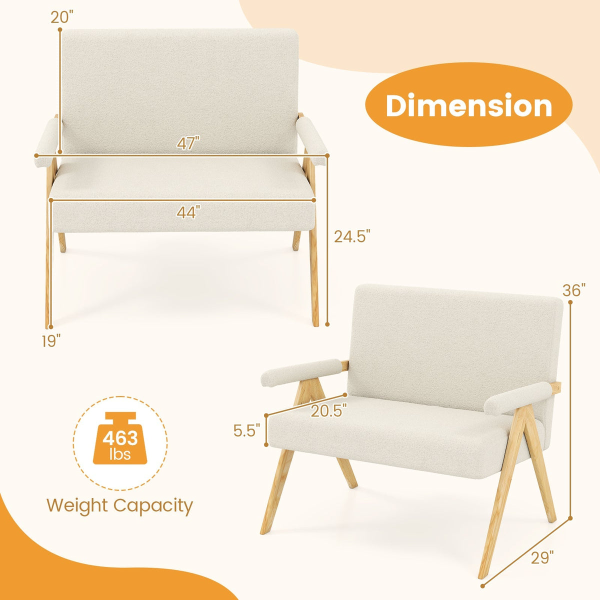 Loveseat Sofa with Armrests and Wooden Legs
