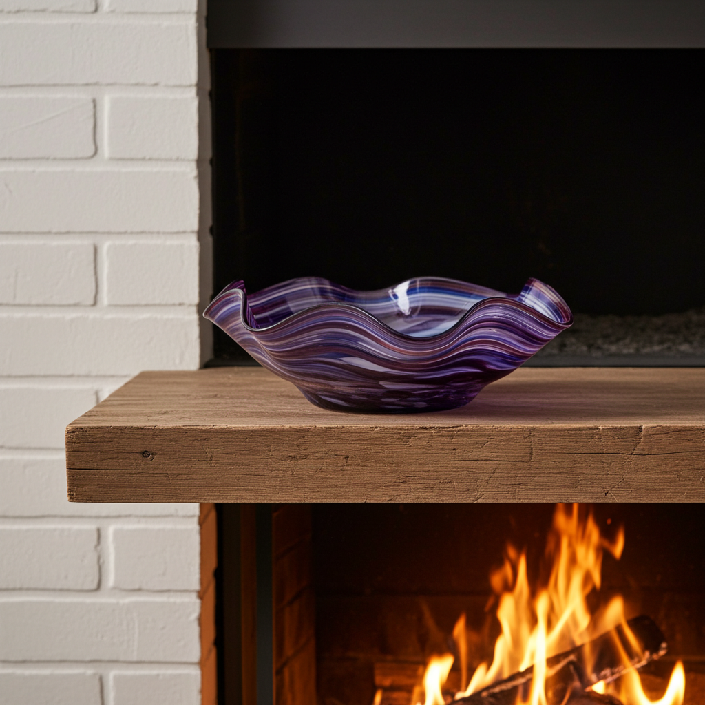 Hand-Blown Swirled Art Glass Centerpiece Bowl – Purple Blue Marbled Accent