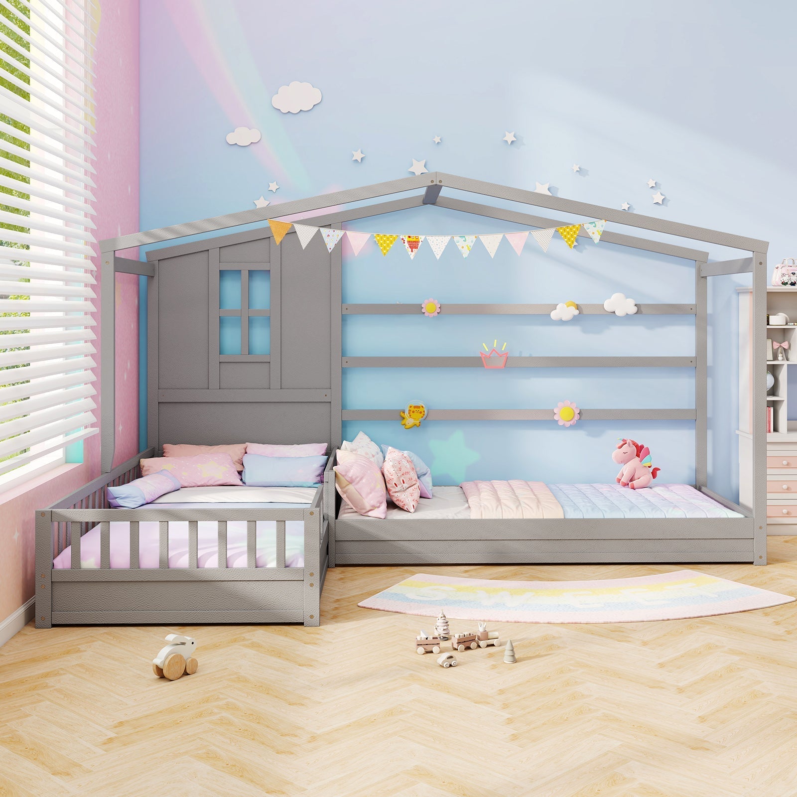 L-shaped Double Twin Beds House Platform Beds with Fences Corner Bed Frame