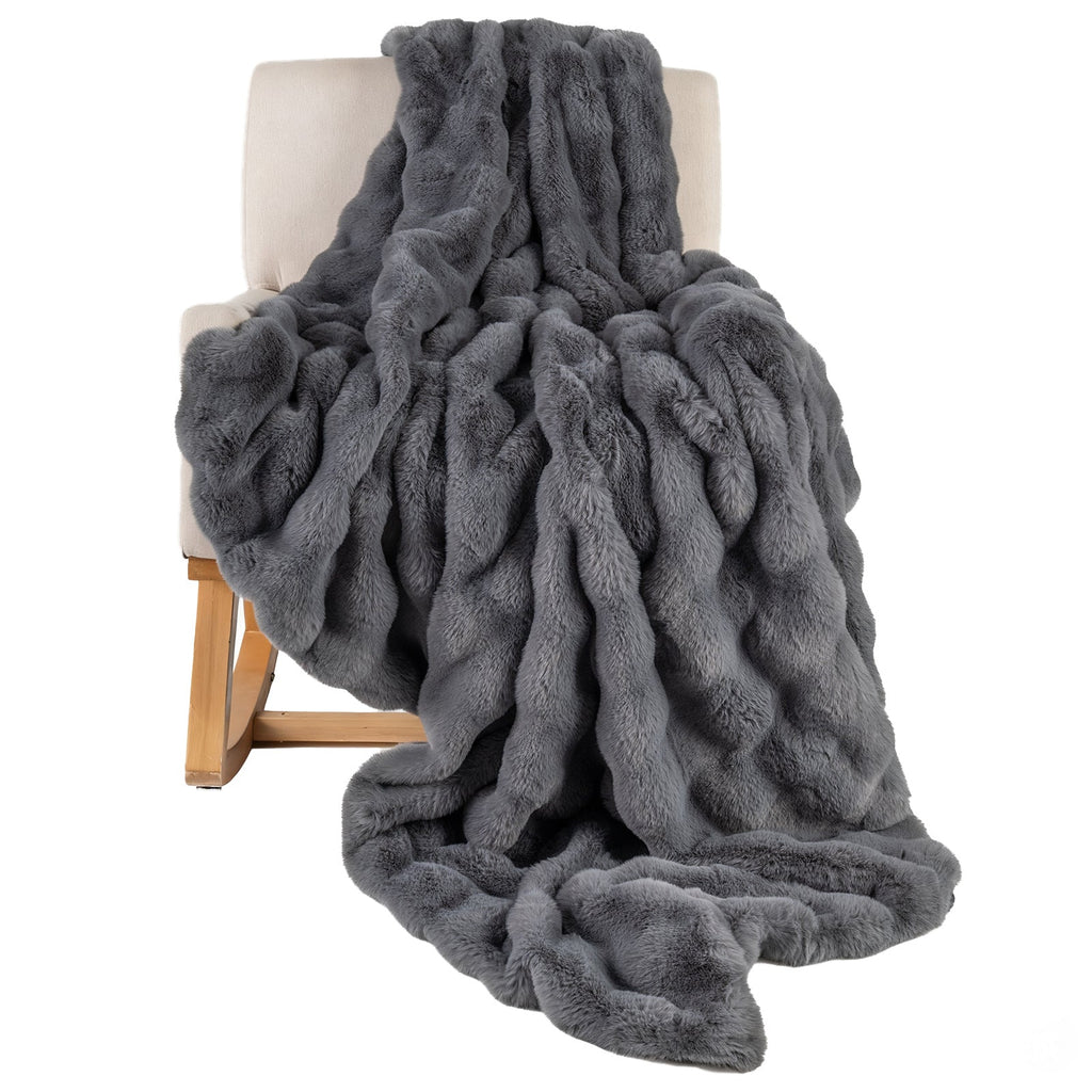 Luxury Fuzzy Plush Rabbit Fur Bubble Blanket for Armchair