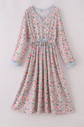 Pink&blue floral print women dress