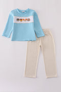 Blue puppy french knot pants set