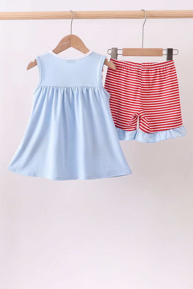 Blue god bless America flag french knot ruffle shorts set