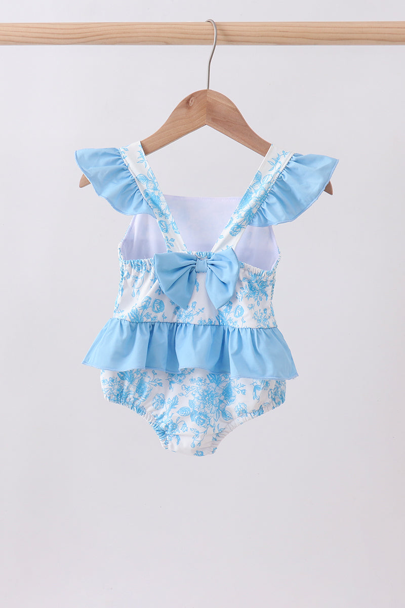 Blue rose smocked ruffle one-piece swimsuit