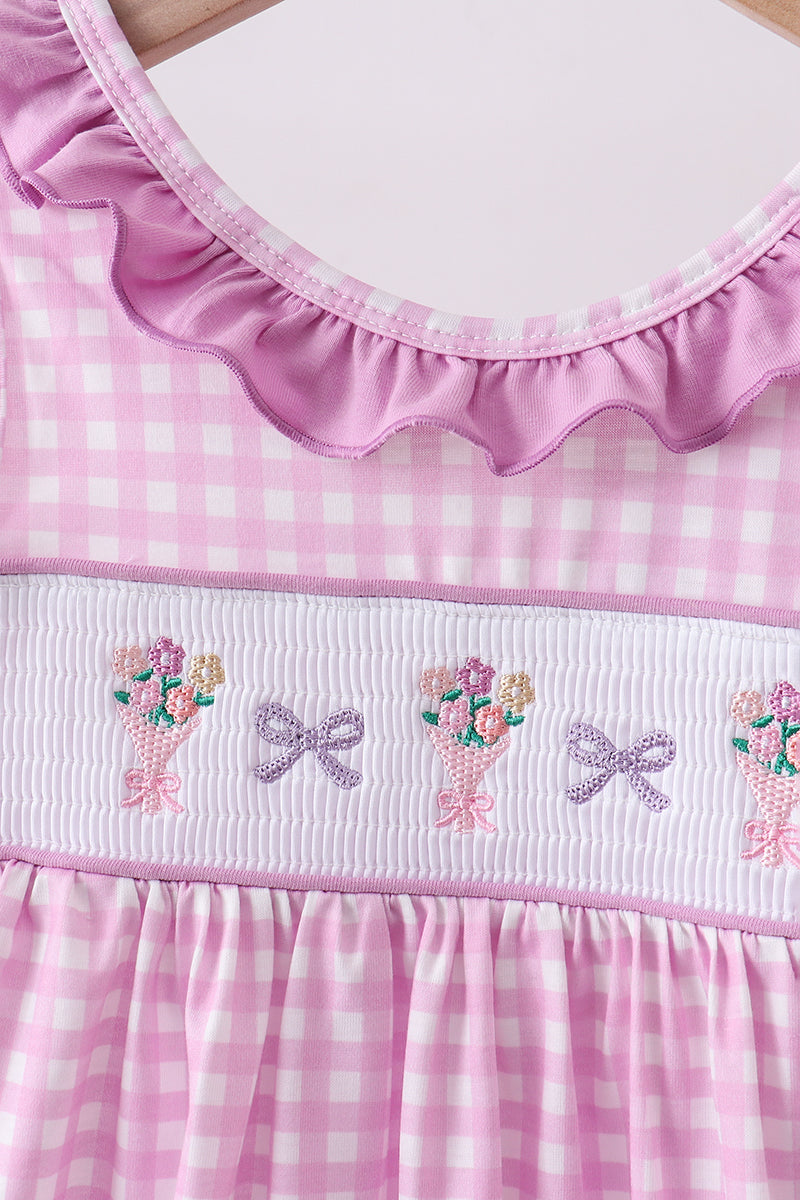 Pink floral bow smocked ruffle shorts set
