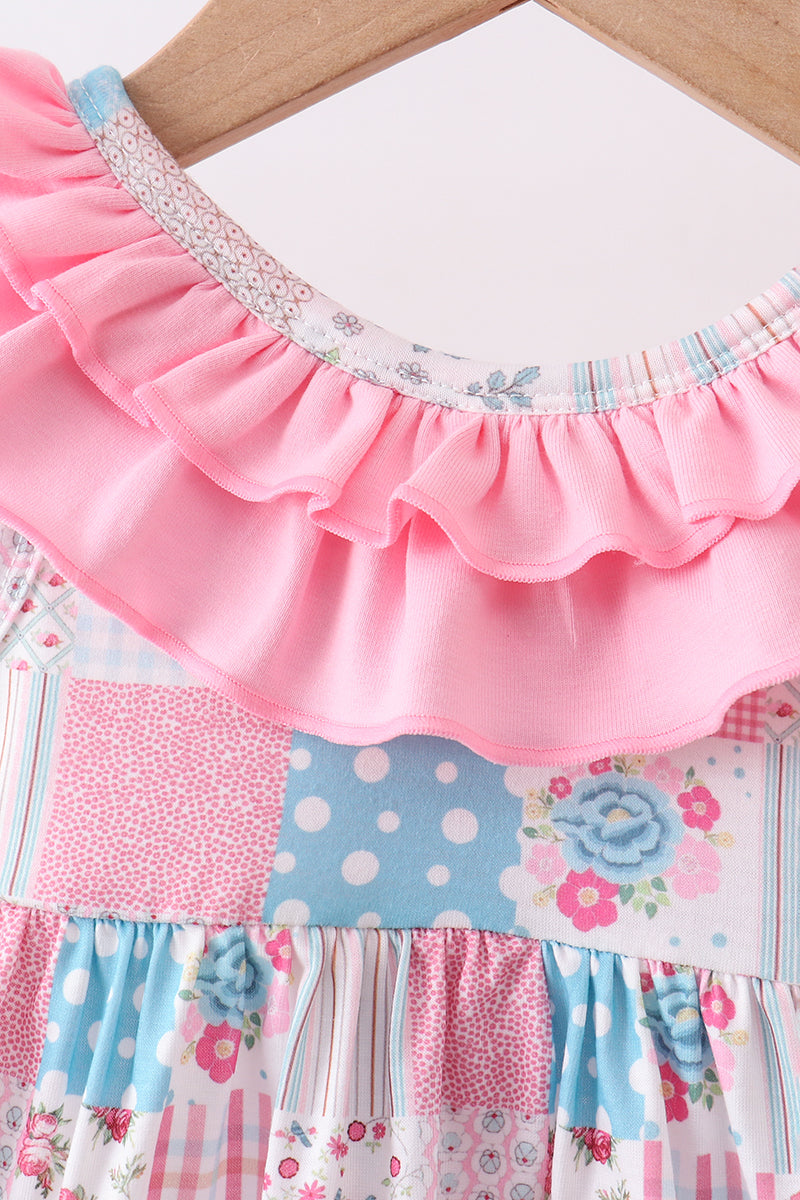 Pink patchwork floral ruffle bloomer set