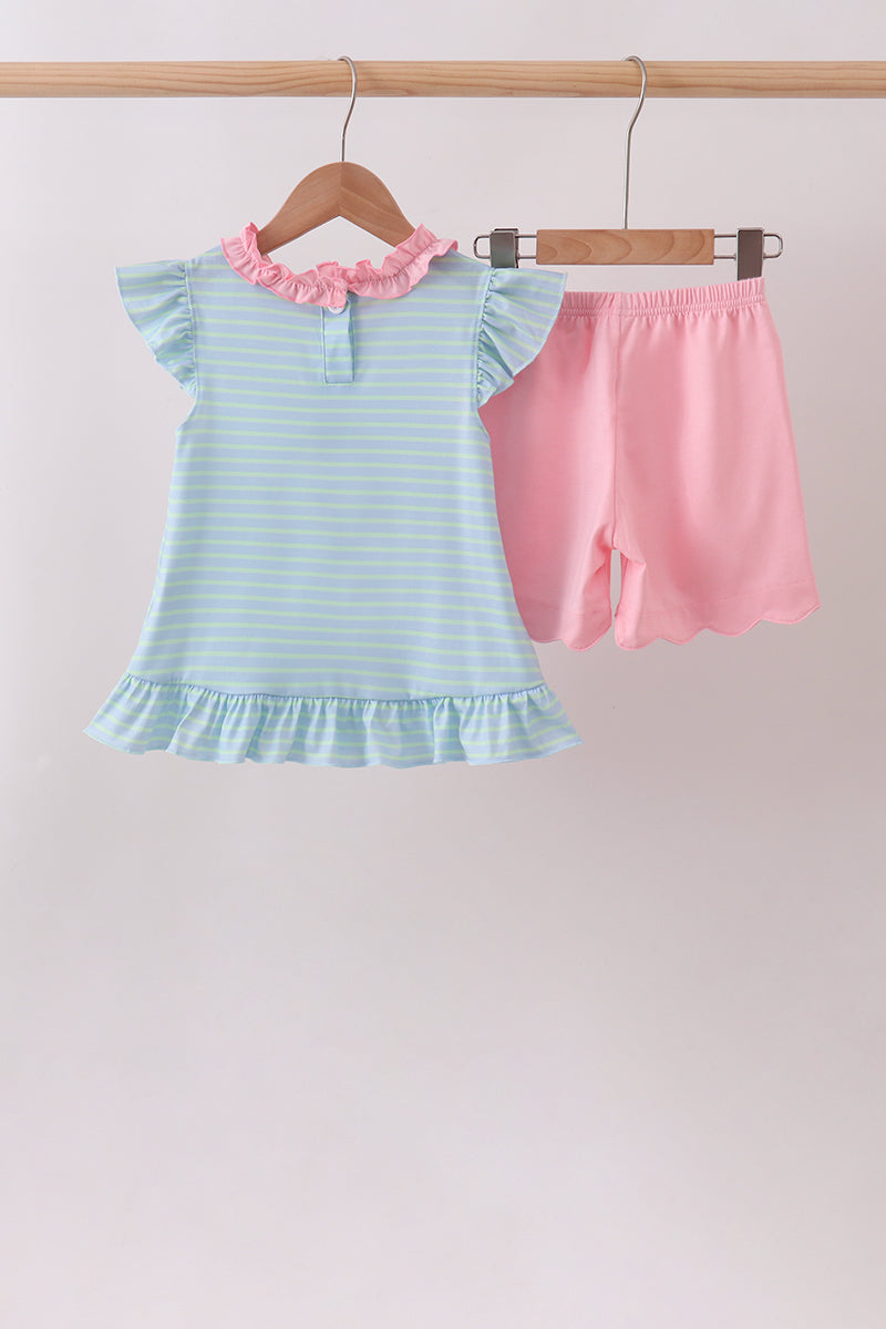 Blue Stripe Schoolhouse Appliqué Ruffle Set