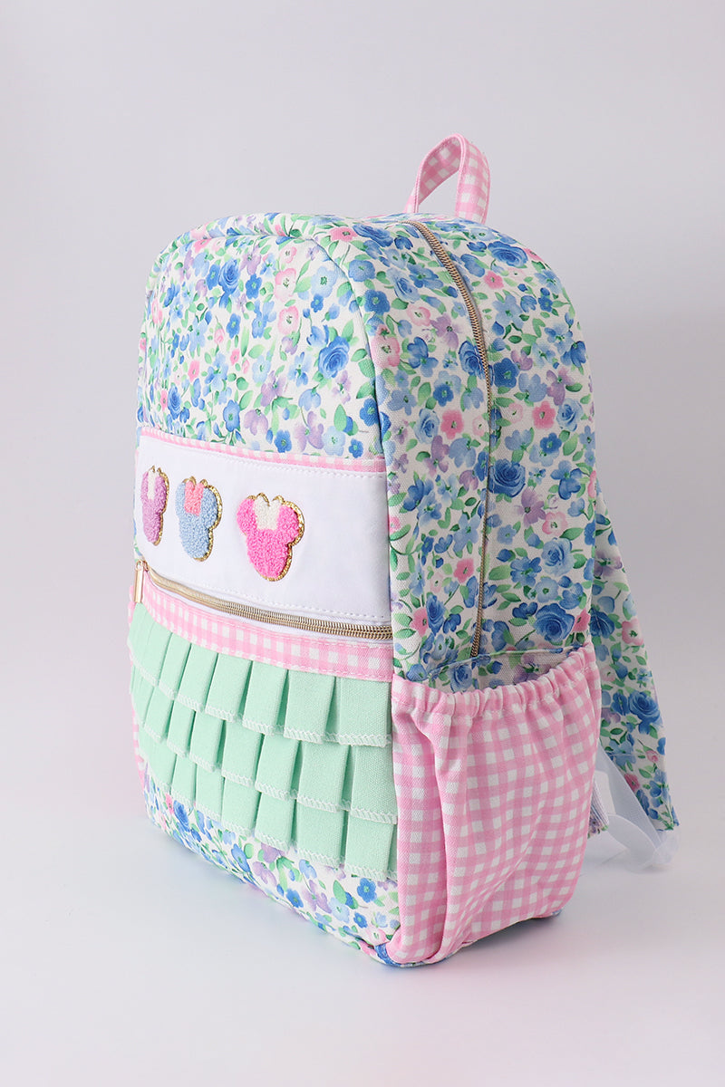 Blue Floral Character French Knot Ruffle Backpack