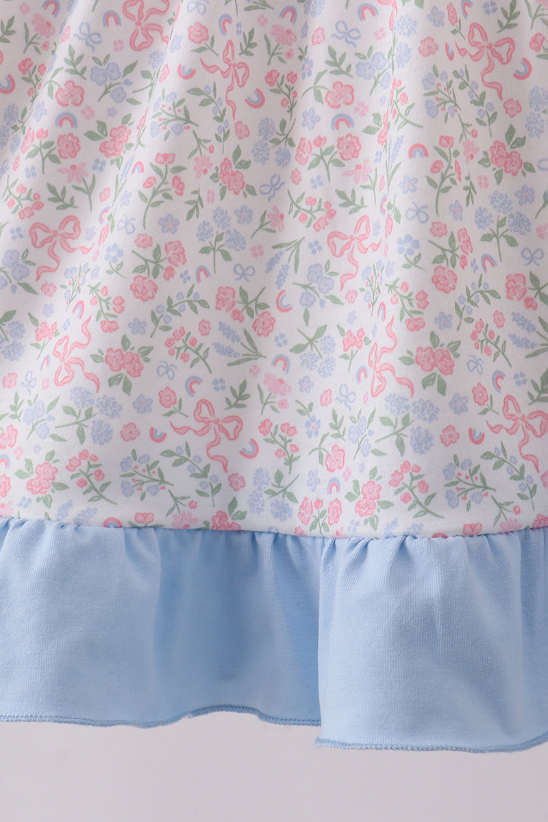 Blue Floral Print Ruffle Dress