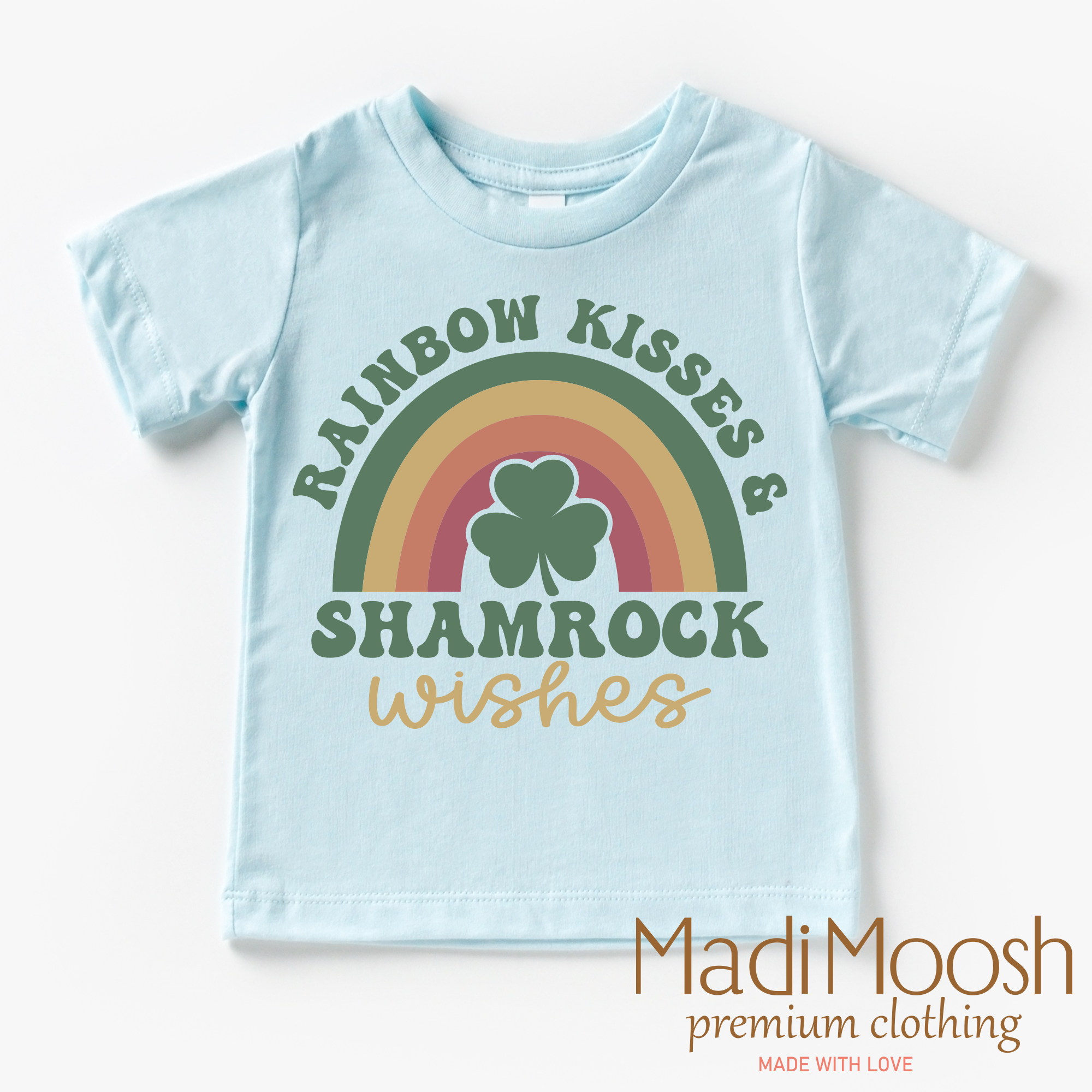 Rainbow Kisses And Shamrock Wishes St. Patrick's Day  Shirt - Kids St Patrick's Day Tee