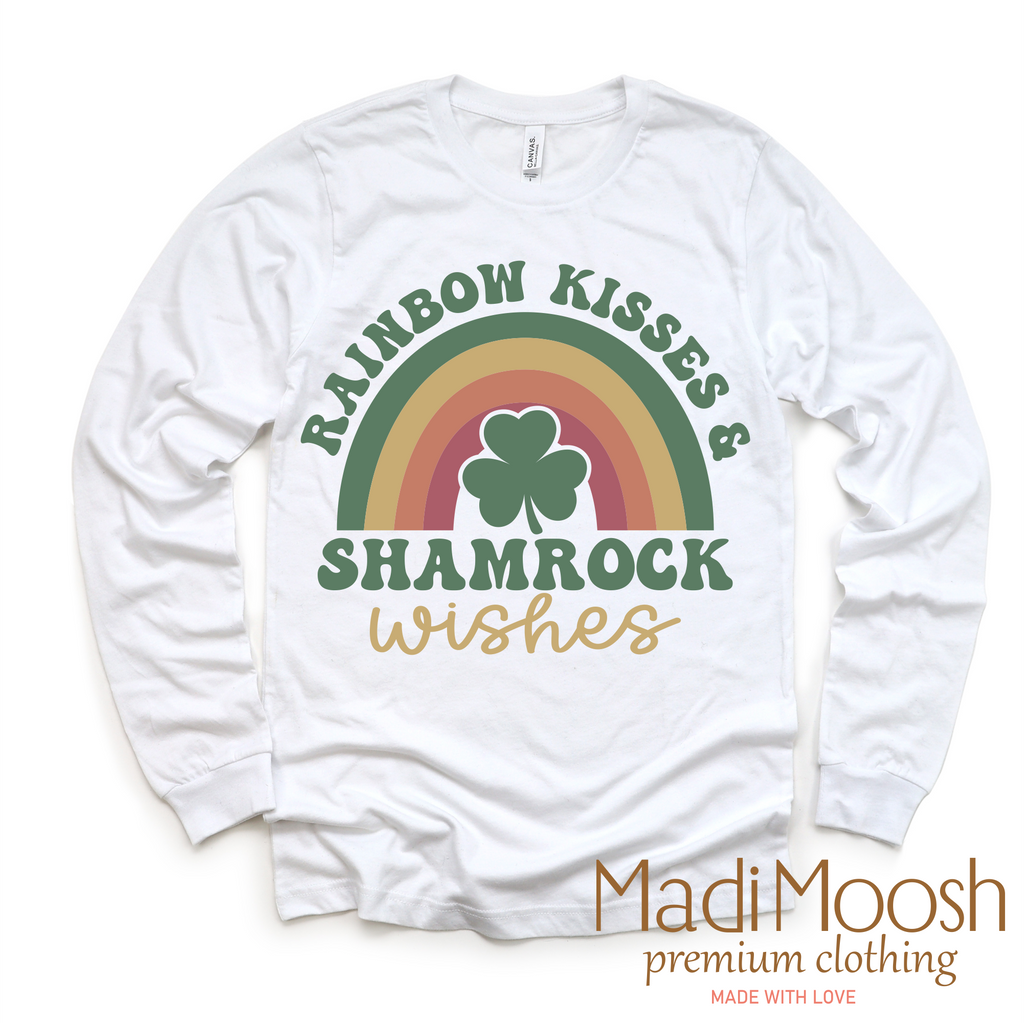 Rainbow Kisses And Shamrock Wishes St. Patrick's Day  Shirt - Kids St Patrick's Day Tee
