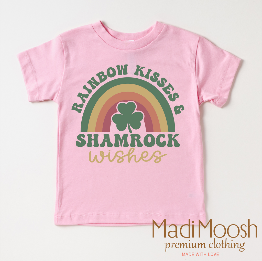 Rainbow Kisses And Shamrock Wishes St. Patrick's Day  Shirt - Kids St Patrick's Day Tee