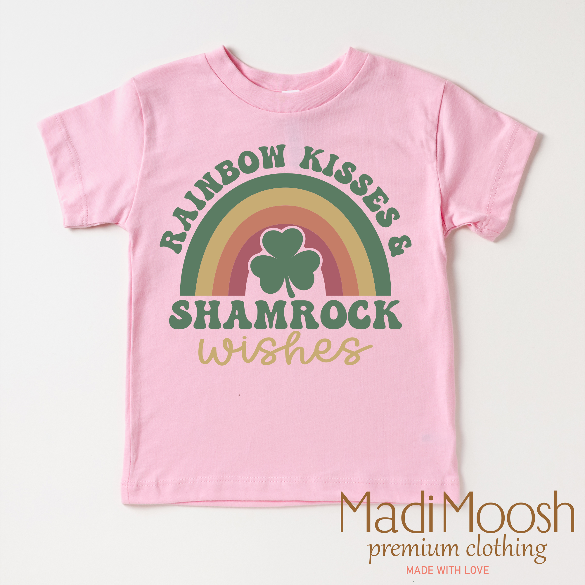 Rainbow Kisses And Shamrock Wishes St. Patrick's Day  Shirt - Kids St Patrick's Day Tee