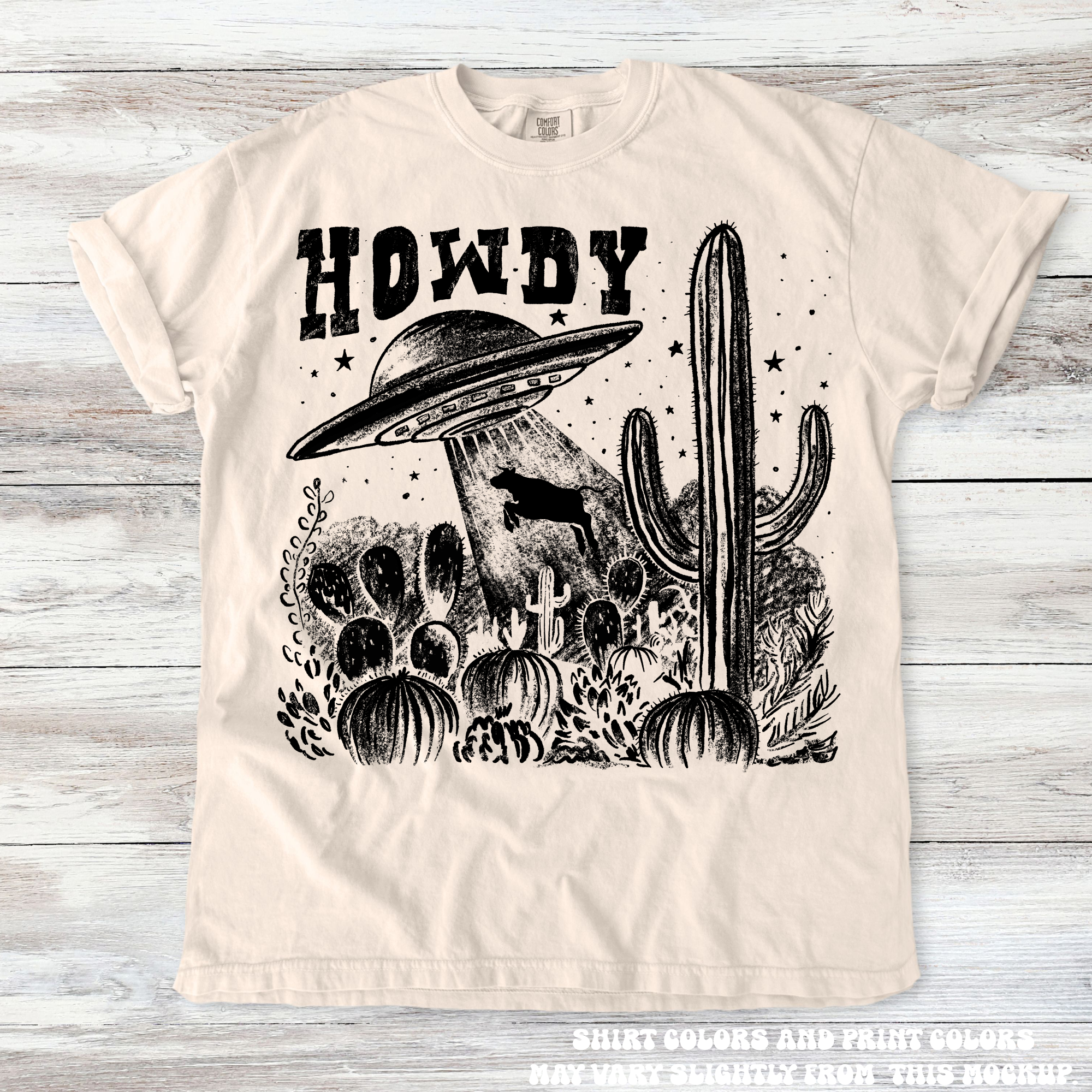 Retro UFO Cow Abduction Funny Western Tee - Printed On Comfort Colors