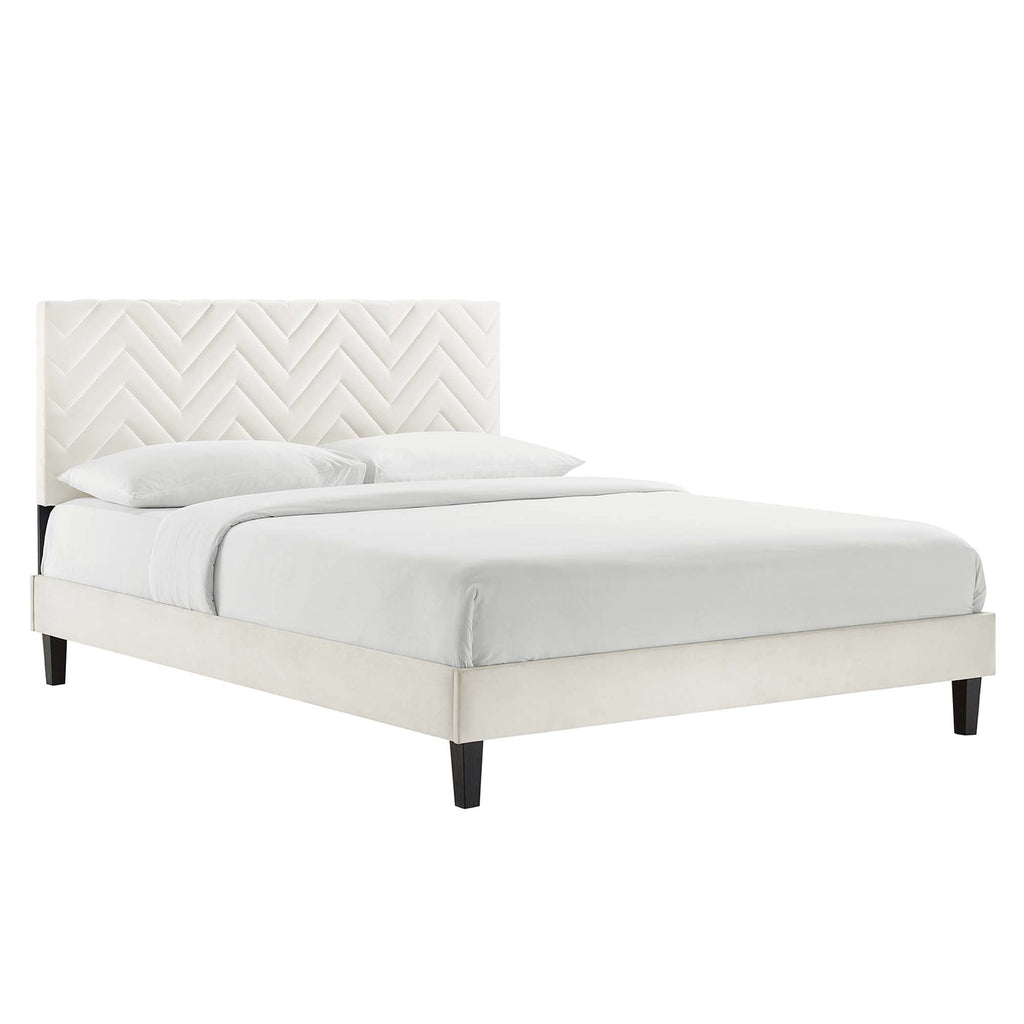 Leah Tapered Wood Leg Chevron Tufted Performance Velvet Platform Bed by Modway