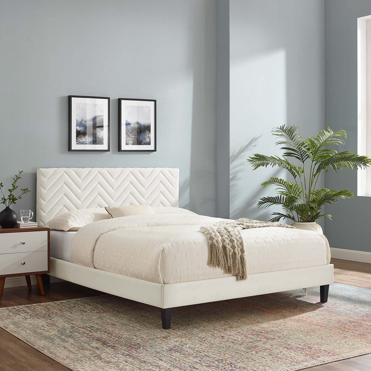 Leah Tapered Wood Leg Chevron Tufted Performance Velvet Platform Bed by Modway