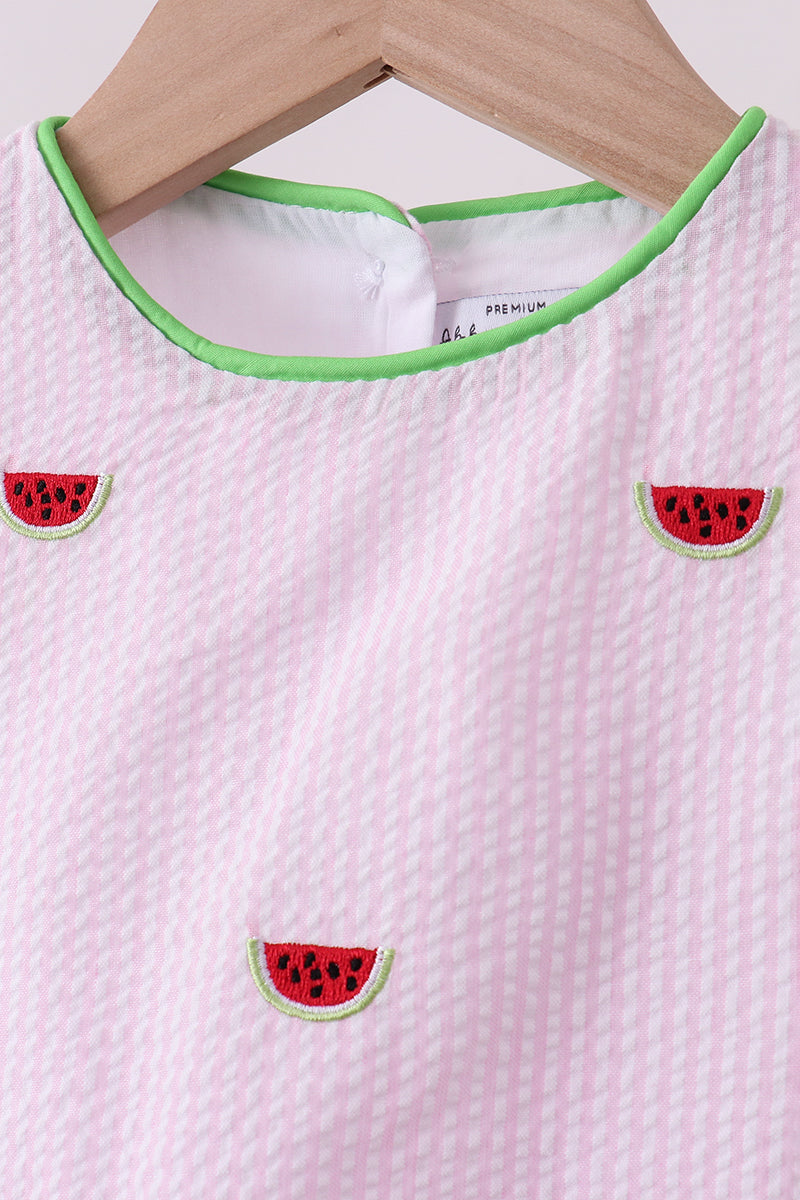 Pink stripe watermelon embroidery seersucker shorts set