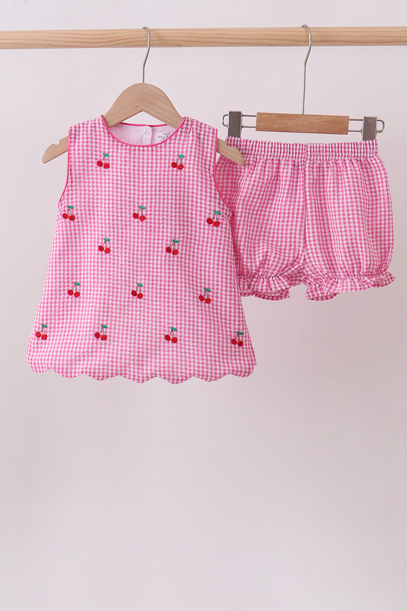 Pink cherry gingham shorts set