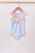 Colorblock crab embroidery ruffle swimsuit
