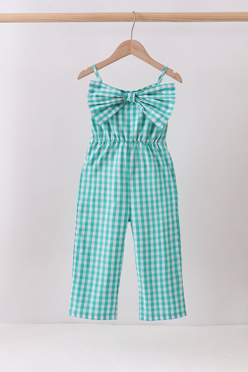 Green bow gingham jumpsuit