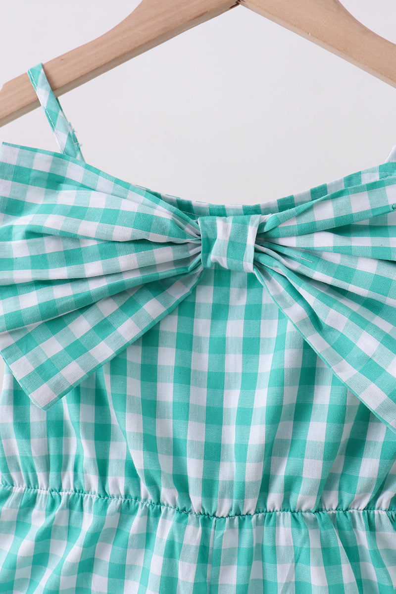 Green bow gingham jumpsuit