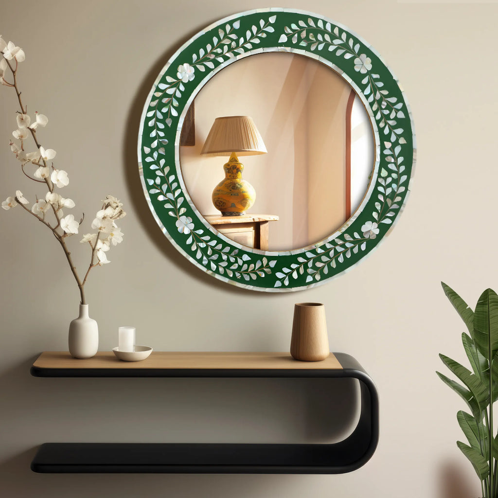 make to order mother of pearl resin inlay wall hanging mirror frame 12 dia