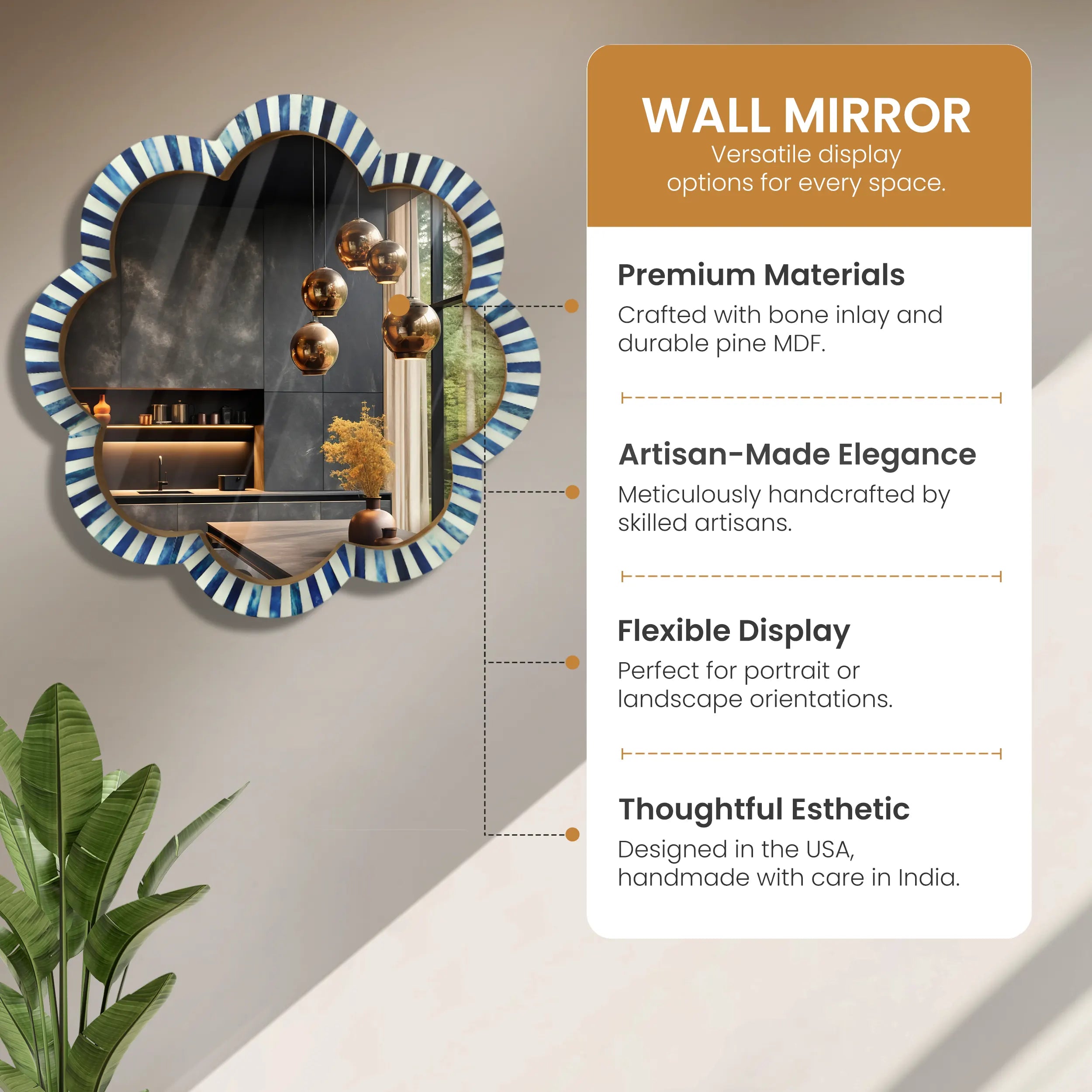 Make To Order blue white bone inlay scalloped wall mirror 18 inches