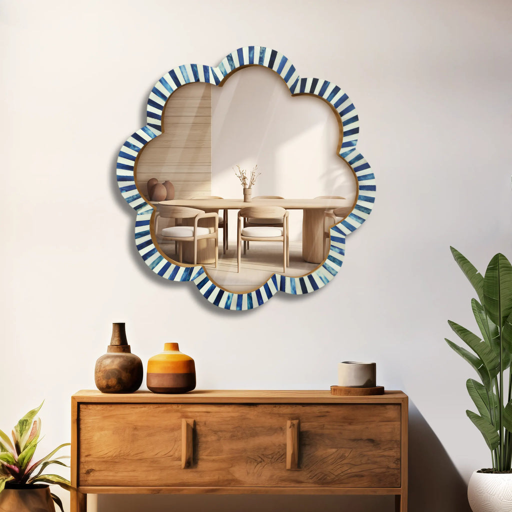 Make To Order blue white bone inlay scalloped wall mirror 18 inches