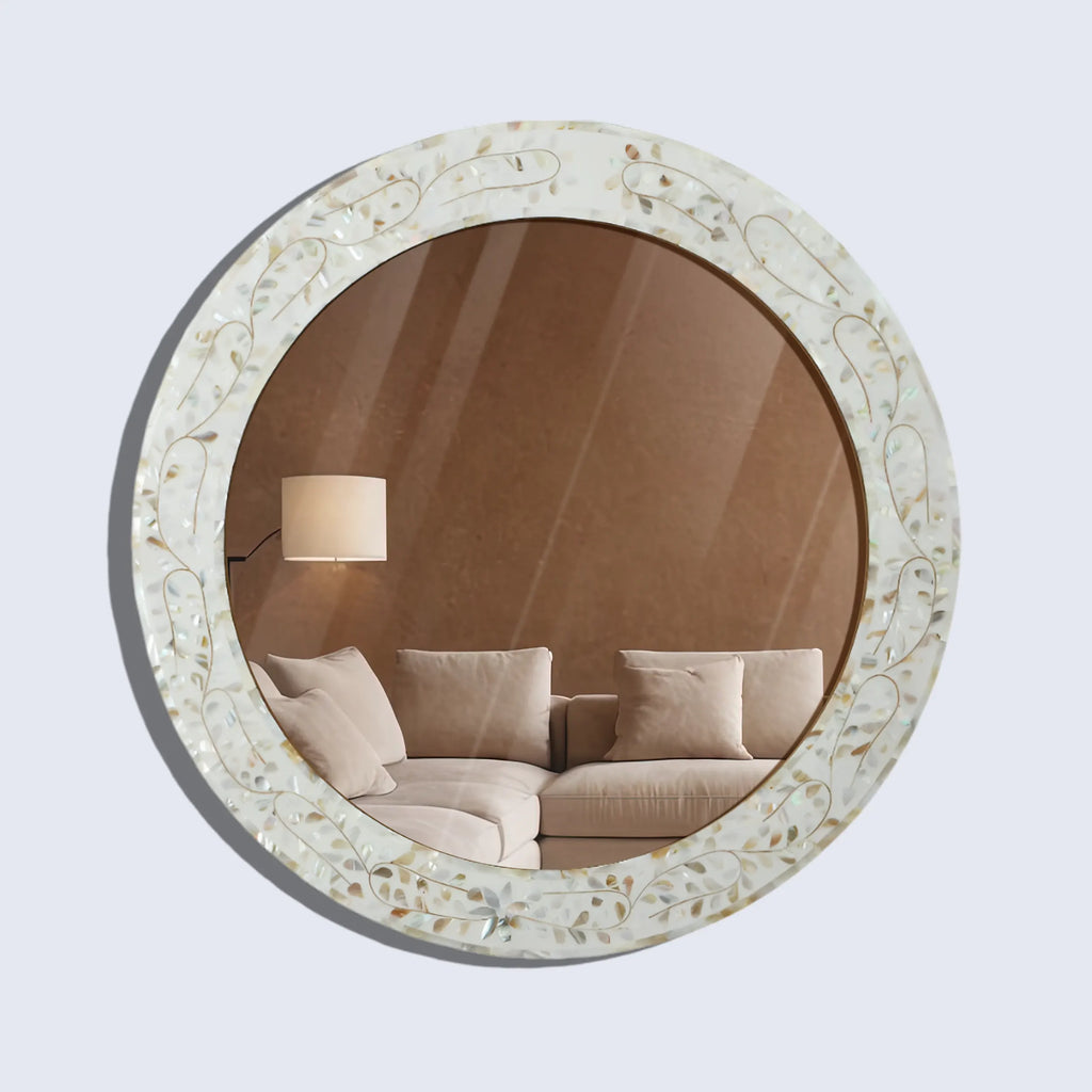 make to order mother of pearl resin inlay wall hanging mirror frame 22 dia