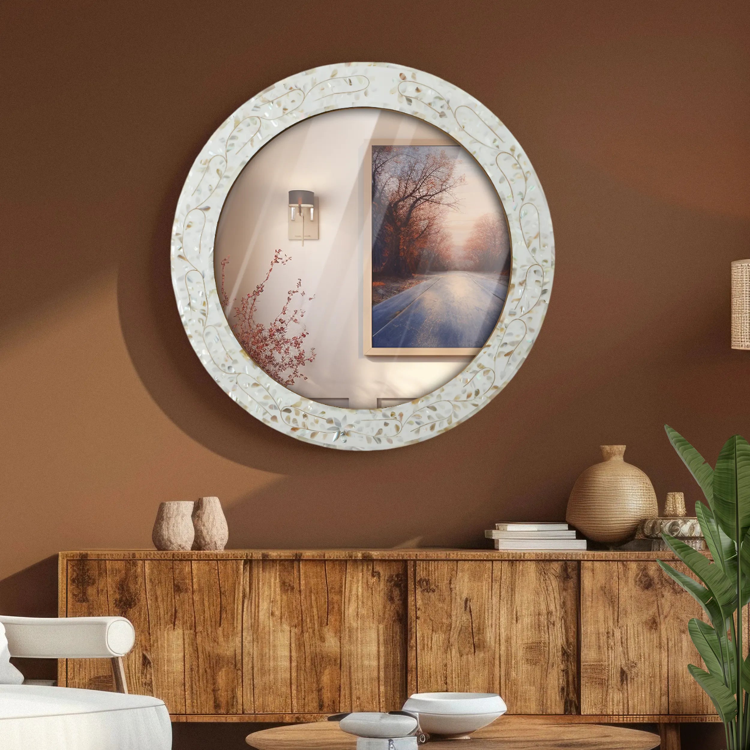 make to order mother of pearl resin inlay wall hanging mirror frame 22 dia