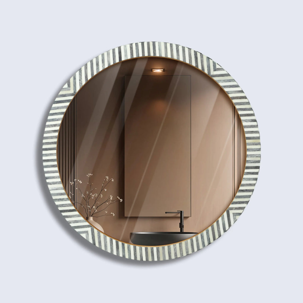 Wall Mirror Round Chevron Art Inspired  Bone Inlay Wall Hanging Mirror Frame,  24" Dia