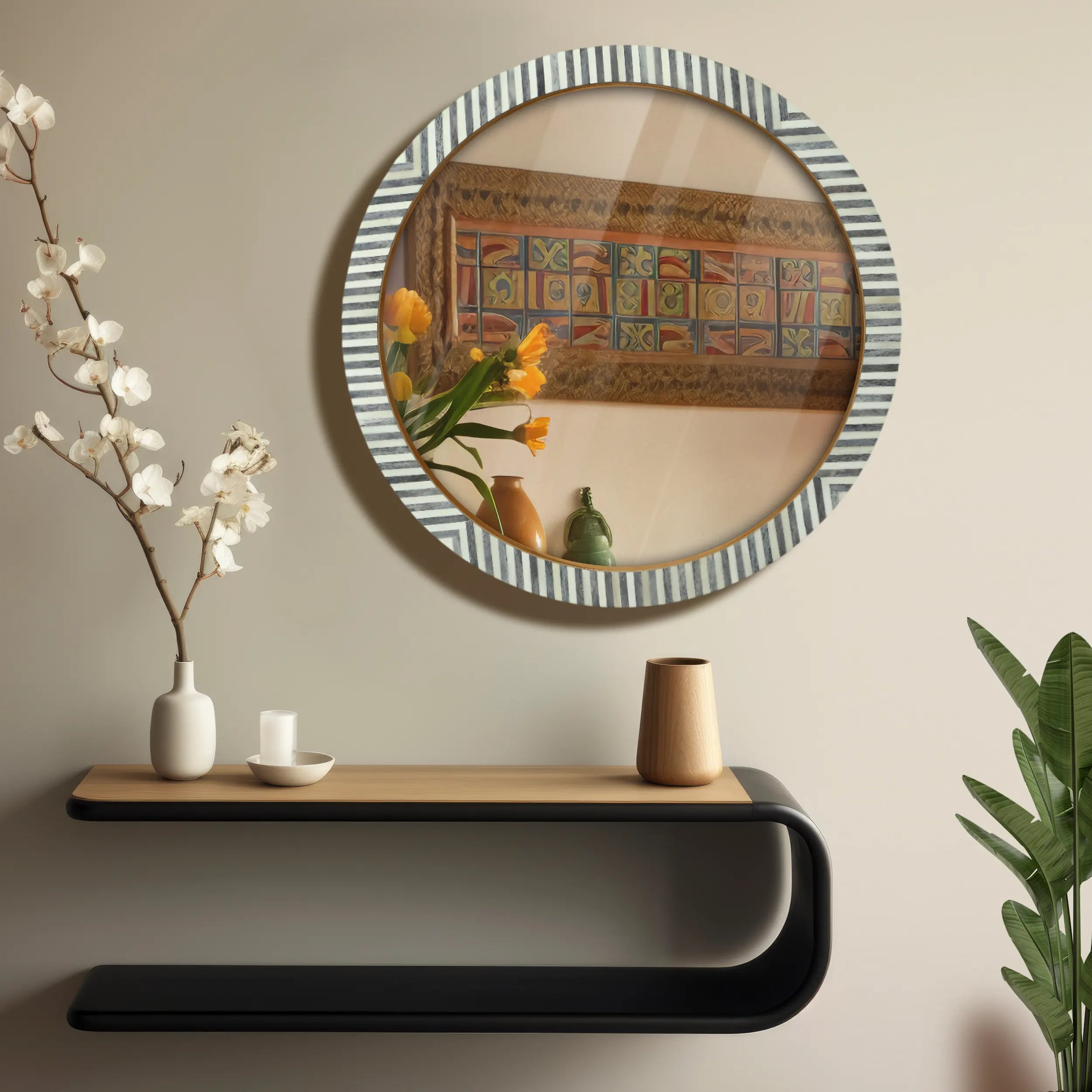 Wall Mirror Round Chevron Art Inspired  Bone Inlay Wall Hanging Mirror Frame,  24" Dia