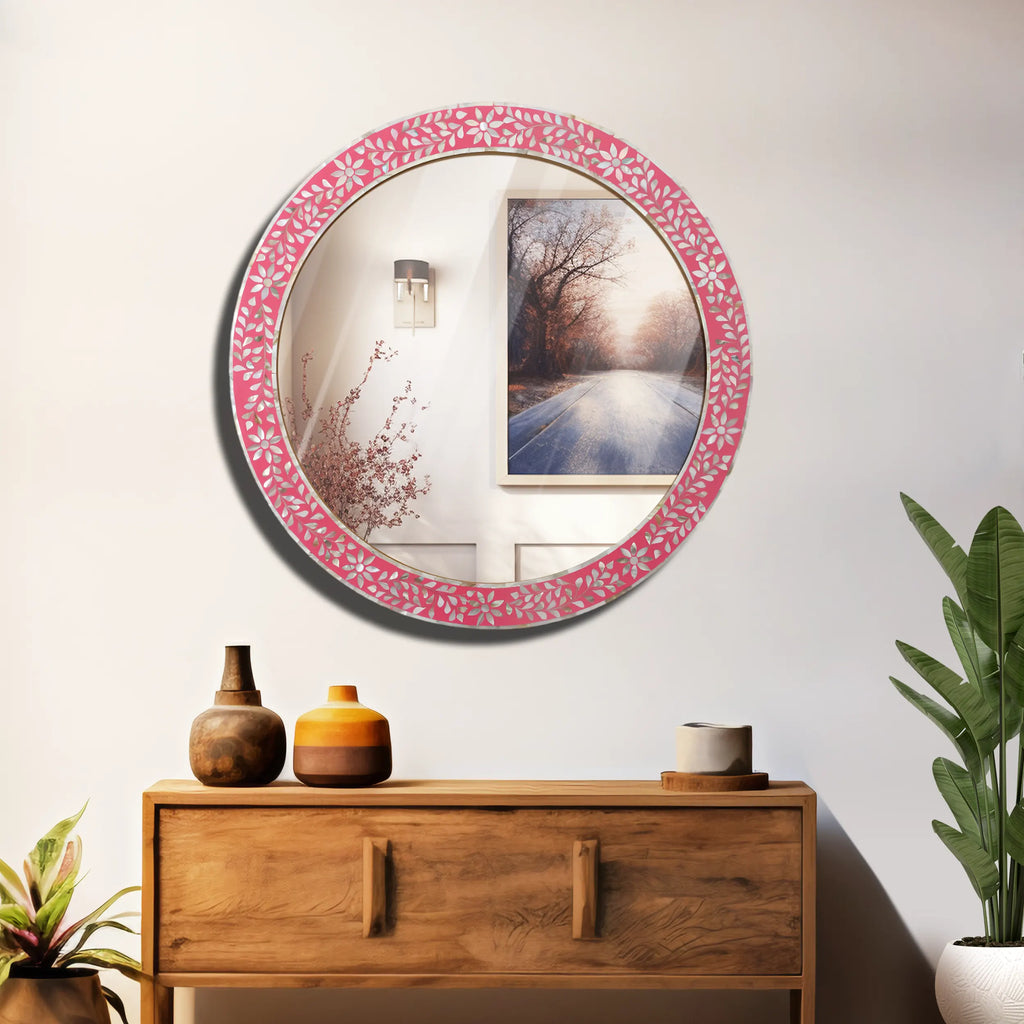 Wall Mirror Round Mother of Pearl & Resin Inlay Wall Hanging Mirror Frame, 28" Dia