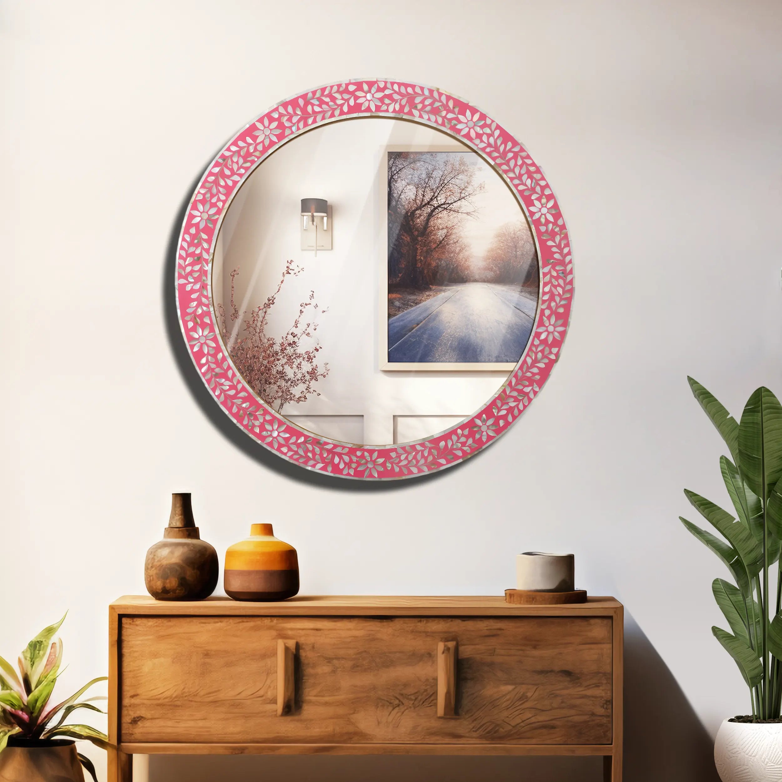 Wall Mirror Round Mother of Pearl & Resin Inlay Wall Hanging Mirror Frame, 28" Dia